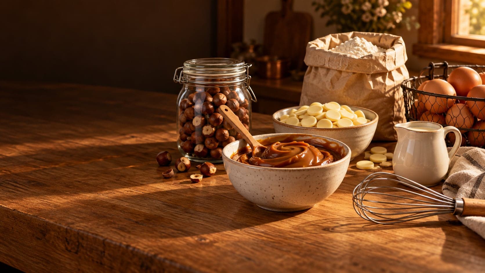 Ingredientes de confeitaria sobre um balcão de madeira: tigela de doce de leite, pote de avelãs, chocolate branco em gotas, saco de farinha, ovos, jarra de creme e batedor, na luz dourada do fim da tarde