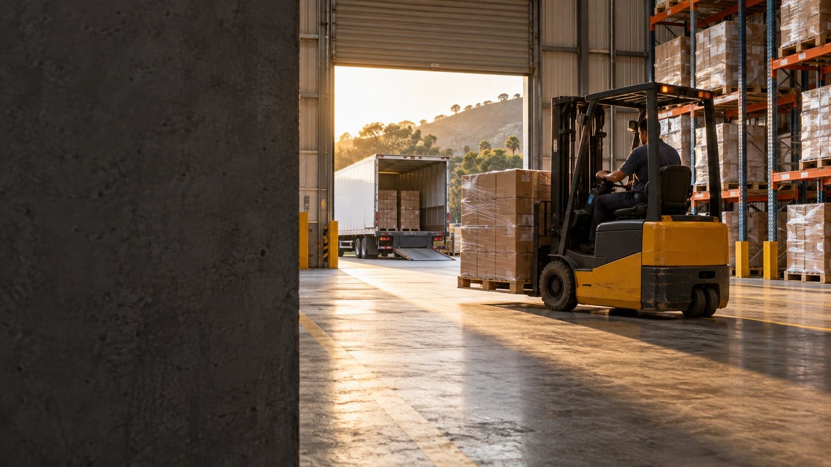 Empilhadeira leva um palete de caixas de produtos das marcas parceiras até o portão de expedição