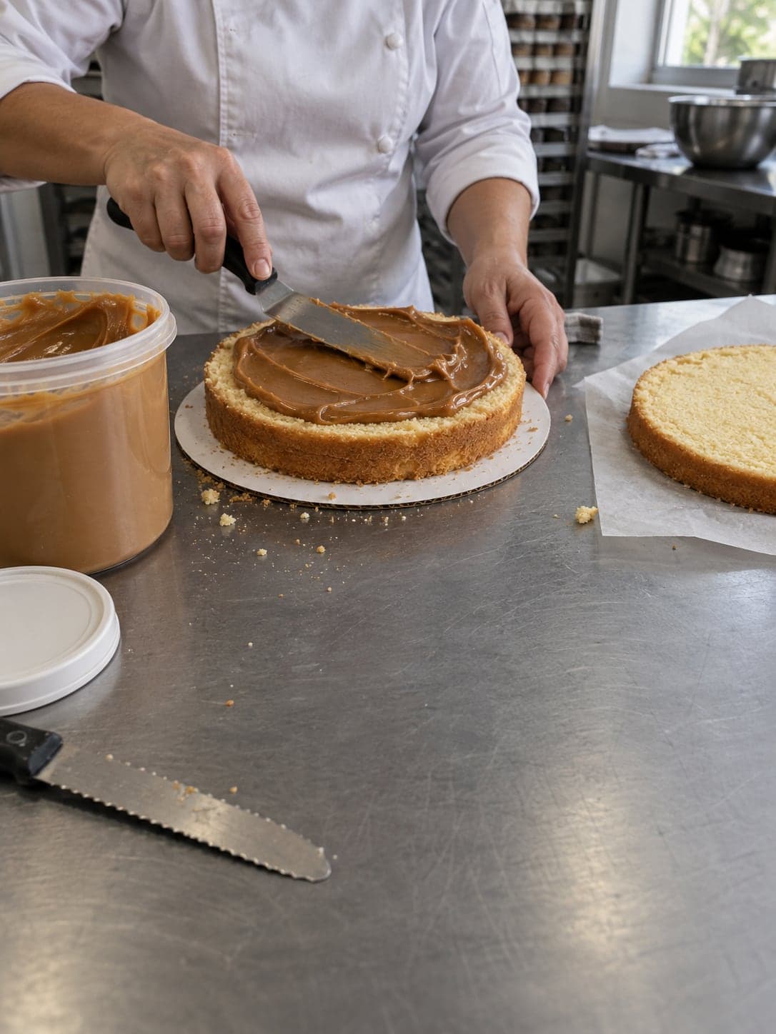Na produção de uma confeitaria, recheio de doce de leite é espalhado sobre um disco de pão de ló, com o pote e o próximo disco ao lado
