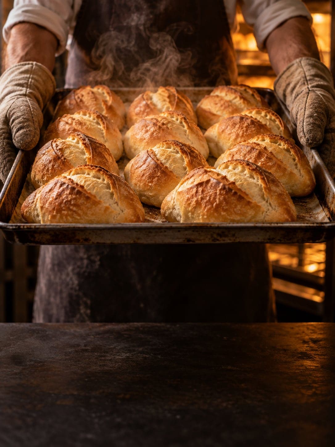 Padeiro de luvas térmicas segura uma assadeira de pães franceses recém-saídos do forno, com vapor subindo
