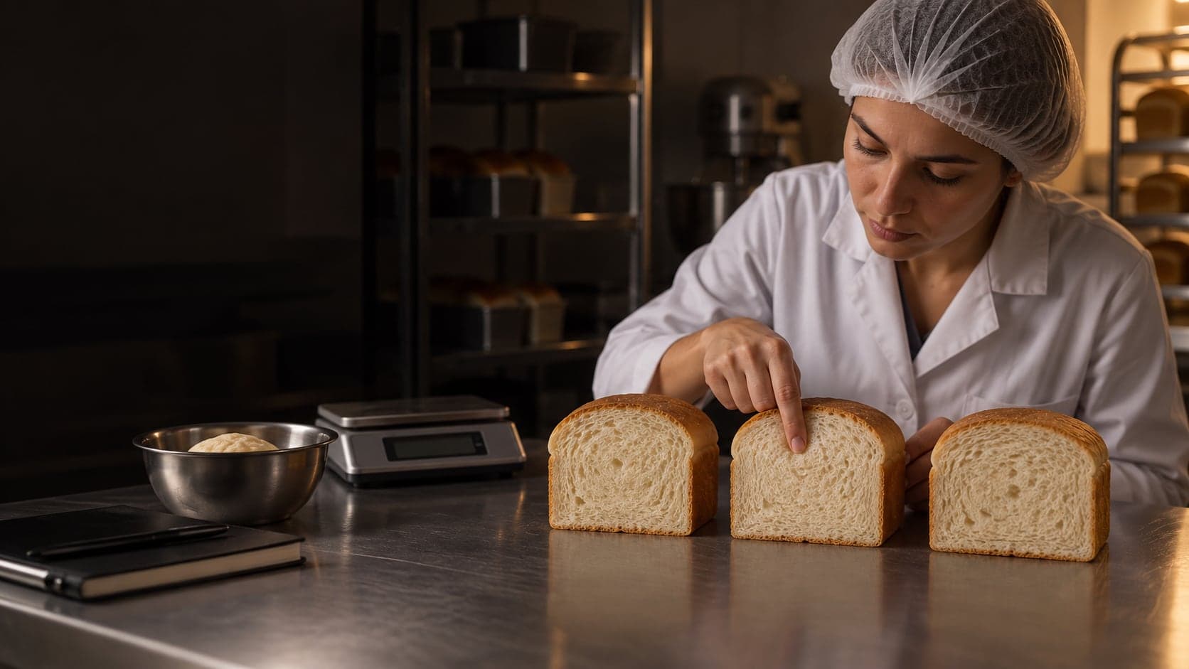 Técnica de jaleco branco compara três pães de forma numa bancada de inox, com balança e uma tigela de massa